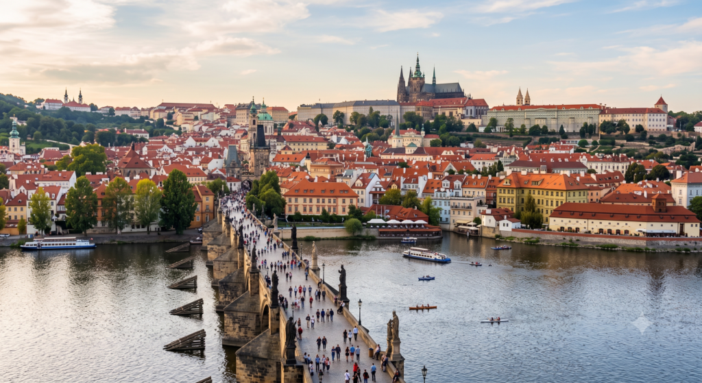 Panoramic view of Prague with Charles Bridge crowded with pedestrians, red-roofed houses, and Prague Castle on a hill above the Vltava River. (informative)
