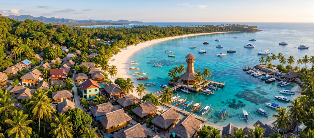 A tropical island resort along a curved white-sand beach, with thatched-roof bungalows, palm trees, and turquoise water dotted with boats.